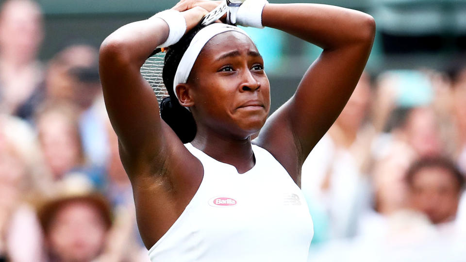 Cori Gauff celebrates her victory over Venus Williams in the first round at Wimbledon. (Photo by Clive Brunskill/Getty Images)