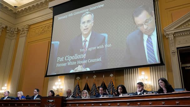 PHOTO: A video showing Pat Cipollone, the former White House counsel, speaking during an interview with the Jan. 6 Committee during a hearing at the Capitol in Washington, July 12, 2022. (J. Scott Applewhite/AP)