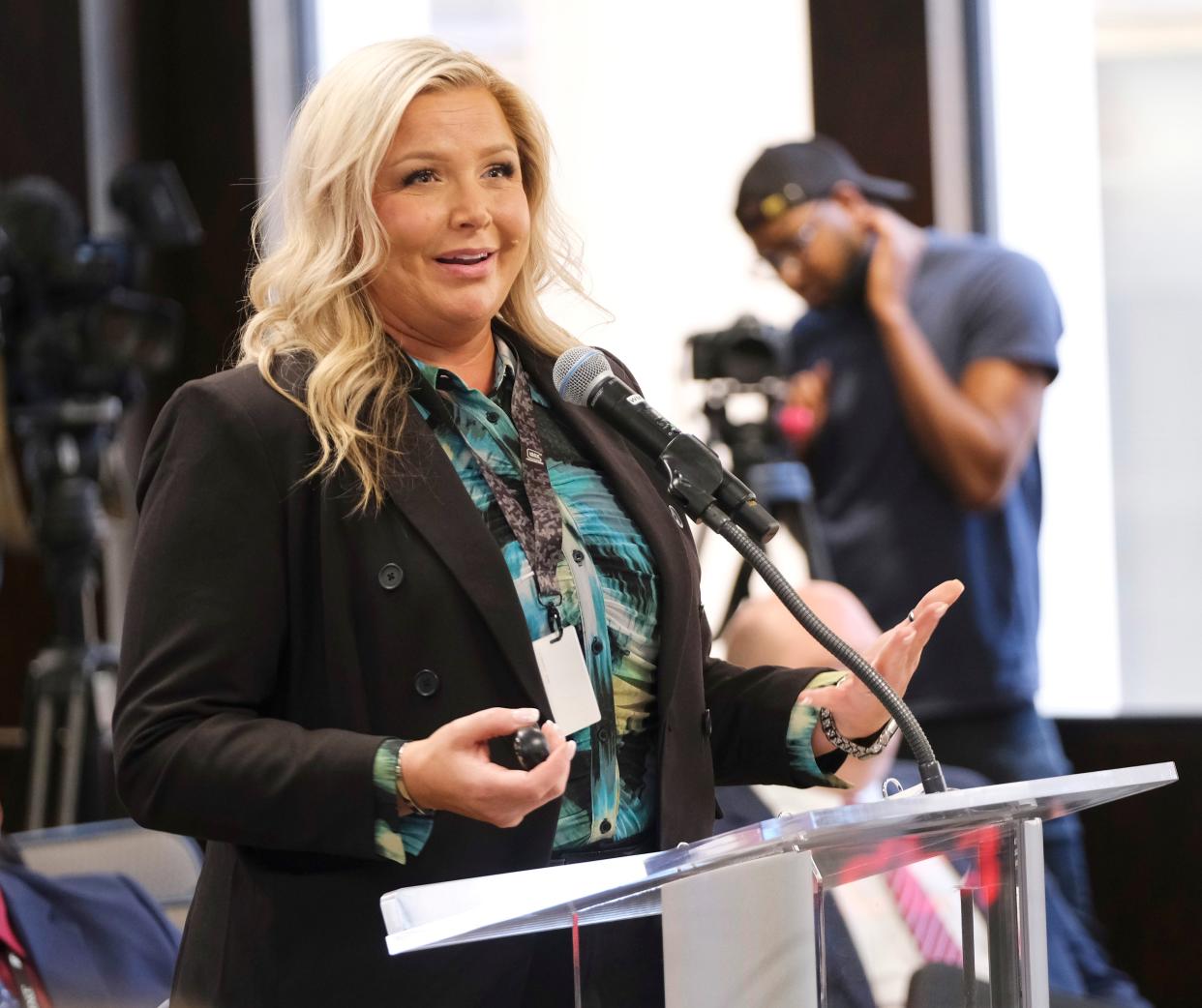 Maj. Brandi Garner, seen presenting a report in April during an Oklahoma County jail trust meeting, has been selected as the CEO of the Oklahoma County jail.