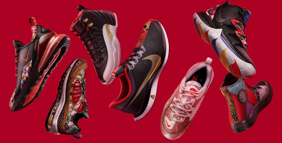 This undated photo provided by NIKE, Inc. shows the shoe company's 2019 Nike Chinese New Year collection to commemorate the Year of the Pig. In recent years, the Lunar or Chinese New Year seems to have achieved all-American status. Major companies are celebrating _ and capitalizing, on a holiday that at its heart is about being with loved ones and wishing for prosperity and good luck. (NIKE via AP)