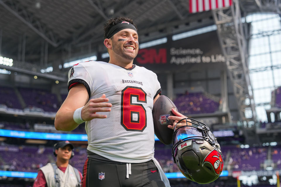 Buccaneers quarterback <a class="link " href="https://sports.yahoo.com/nfl/players/30971" data-i13n="sec:content-canvas;subsec:anchor_text;elm:context_link" data-ylk="slk:Baker Mayfield;sec:content-canvas;subsec:anchor_text;elm:context_link;itc:0">Baker Mayfield</a> (6) lCredit: Brad Rempel-USA TODAY Sports