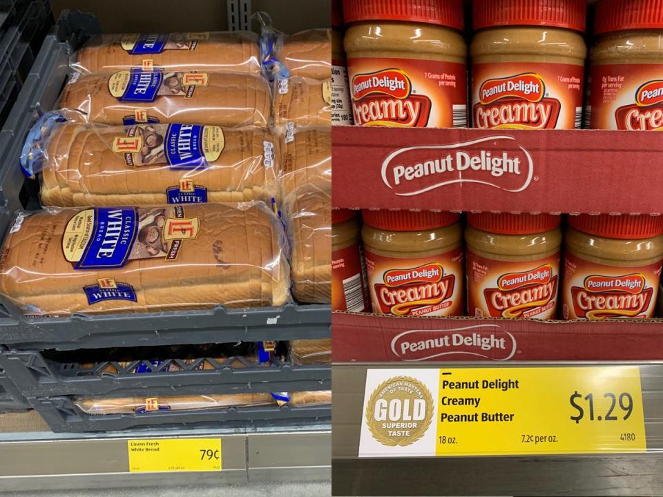 side by side of loves of white bread and jars of peanut butter on the shelves at aldi