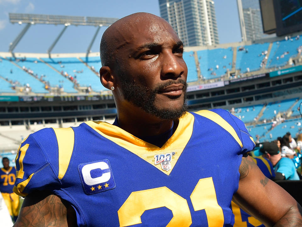 Aqib Talib is the latest ex-NFL player to join Amazon's broadcast team. (Photo by Grant Halverson/Getty Images)