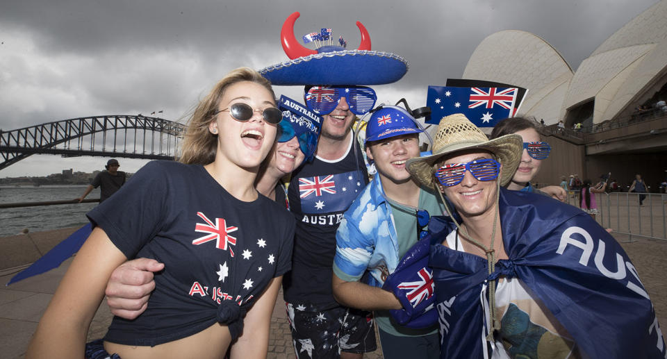 Australia Day revelers pose for photos at Circular Quay. Image: Getty