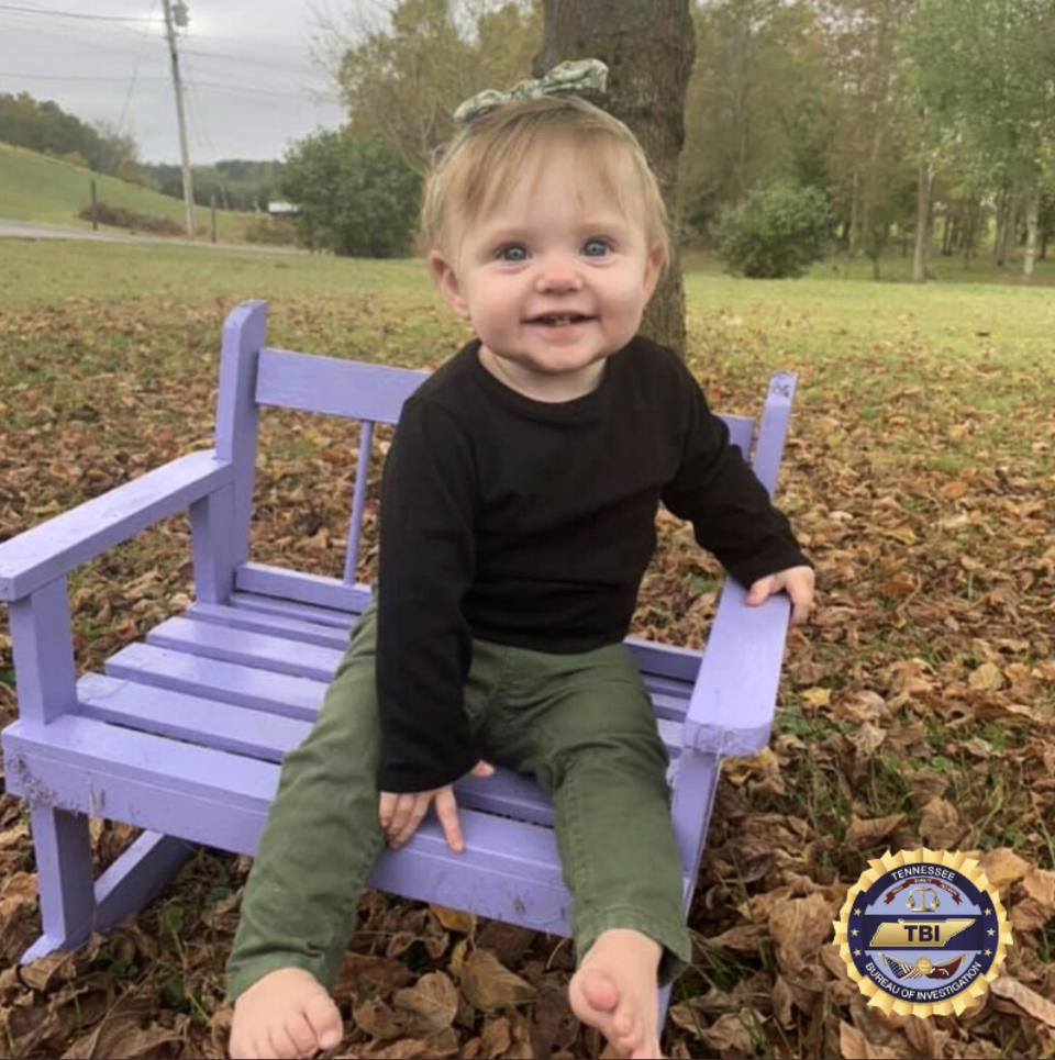 FILE - This undated photo released by the Tennessee Bureau of Investigation shows Evelyn Mae Boswell. Megan Boswell, the mother of the 15-month-old Tennessee girl who is the subject of an Amber Alert, has been arrested for filing a false police report, the Bristol Herald Courier reported Tuesday night, Feb. 25, 2020. The TBI said in a news release that the child's grandmother, Angela Boswell, and her boyfriend, William McCloud are "believed to have information" regarding the whereabouts of the girl, who was reported missing Feb. 18, but might not have been seen since December. (Tennessee Bureau of Investigation via AP, File)