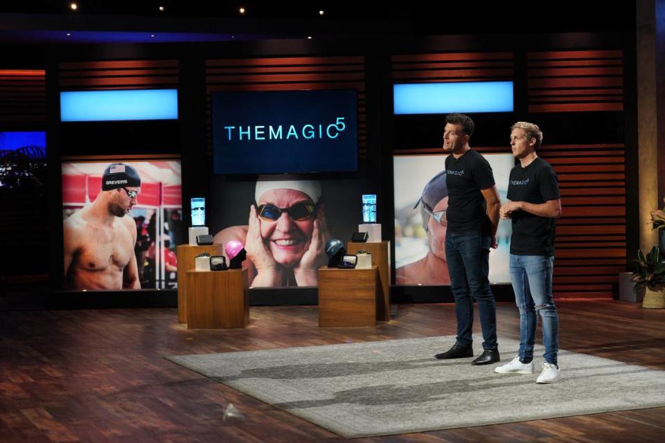 Charlotte startup company THEMAGIC5 owners Bo Haaber, left, and Rasmus Barfred present their customized swimming goggles on “Shark Tank” airing at 8 p.m. Oct. 29 on ABC.