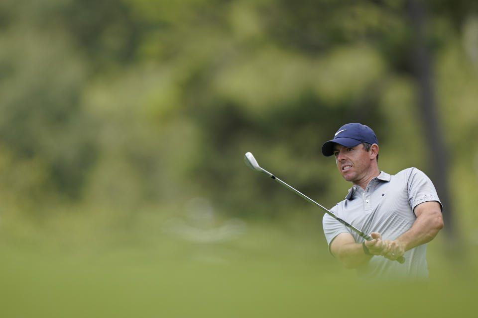 Rory McIlroy hits on the first fairway during the first round of the Tour Championship golf tournament Thursday, Sept. 2, 2021, at East Lake Golf Club in Atlanta. (AP Photo/Brynn Anderson)