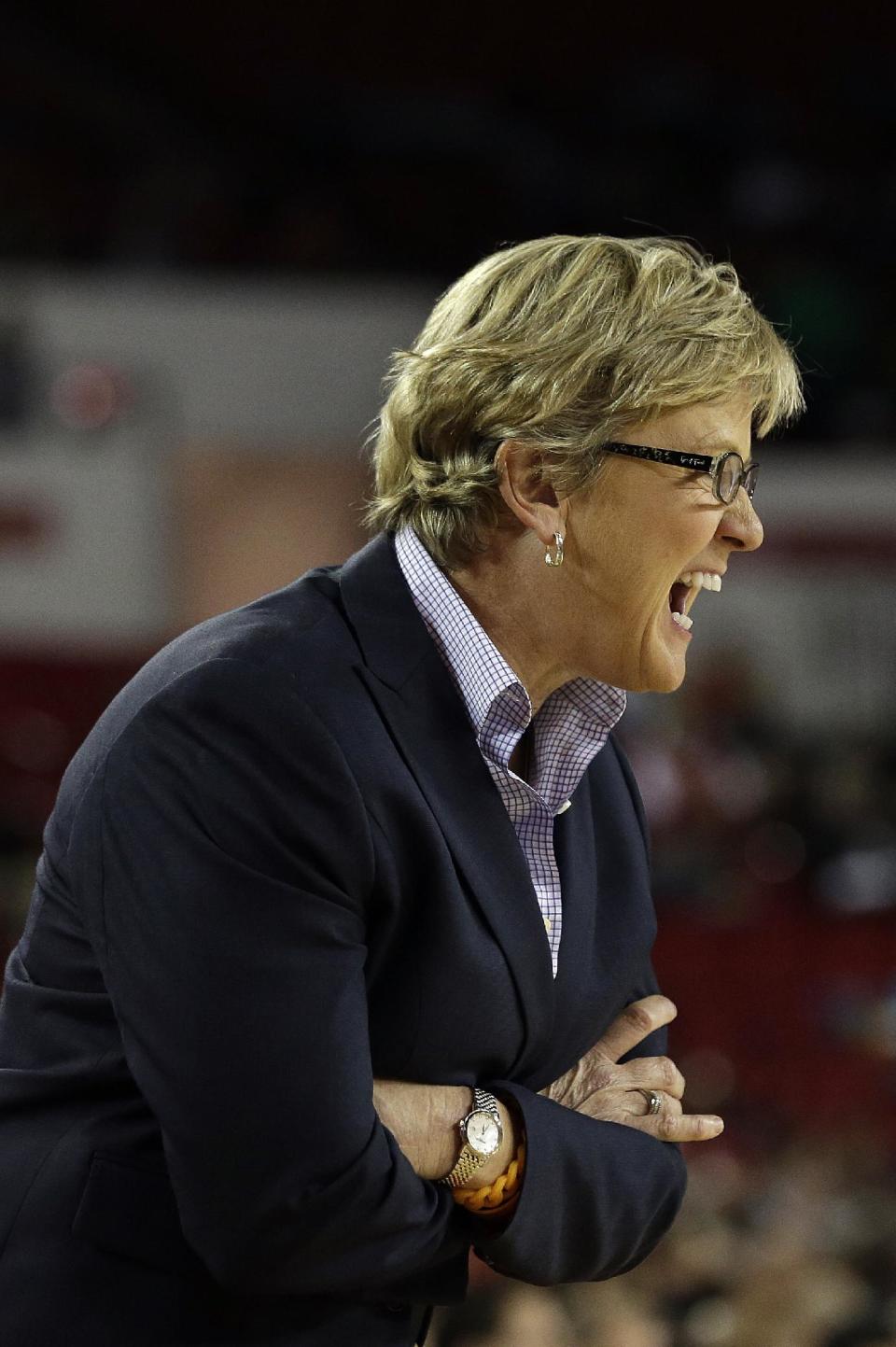 Tennessee head coach Holly Warlick directs her team from the bench in the second half of an NCAA college basketball game against Georgia, Sunday, Jan. 5, 2014, in Athens, Ga. Tennessee won 85-70. (AP Photo/John Bazemore)