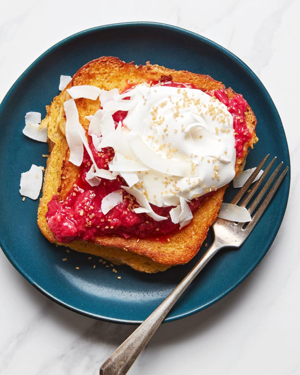 A flurry of garnishes finish off this special occasion-worthy stuffed French toast.