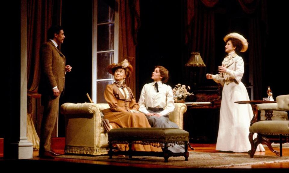 From left, Leigh Lawson (Aubrey Tanqueray), Pamela Buchner (Mrs Cortelyon), Clare Byam Shaw (Ellean) and Felicity Kendal (Paula Jarman) in The Second Mrs Tanqueray by Pinero, with lighting designed by Leonard Tucker, at the National Theatre, 1981.