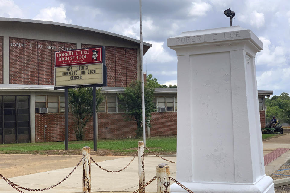 A pedestal that held a statue of Robert E. Lee stands empty outside a high school named for the Confederate general in Montgomery, Ala. on Tuesday, June 2, 2020. (Kim Chandler/AP Photo)