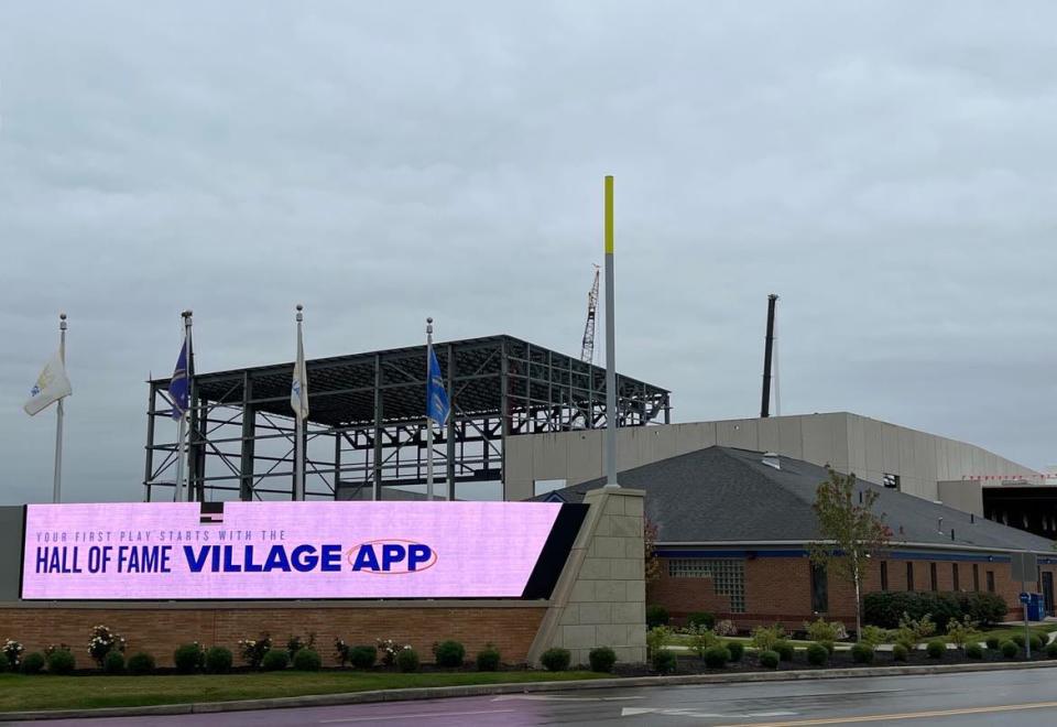 Construction of a football-themed water park is continuing at the Hall of Fame Village in Canton. Work on an adjacent hotel is expected to begin in the coming weeks.
