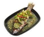 <p>Pla Kra Pung Nung Manao</p><p>(Steamed whole sea bass with spicy chili and lime sauce)</p><p>492.8 calories</p>