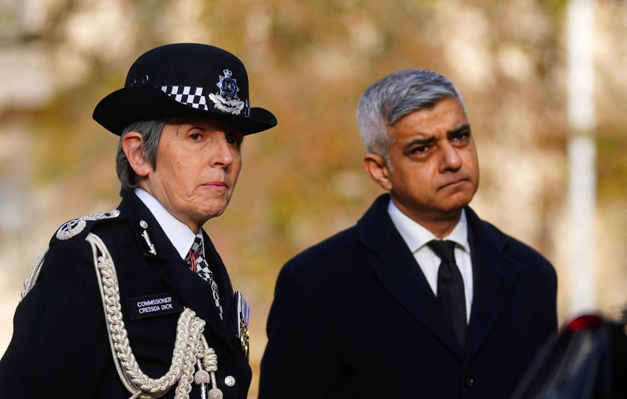 Metropolitan Police Commissioner Cressida Dick and Mayor of London Sadiq Khan speak to the media ahead of a memorial service to remember and celebrate the life of Metropolitan Police Sergeant Matt Ratana at The Royal Military Chapel in Westminster, central London on November 29, 2021. - New Zealand-born Metropolitan Police officer Sergeant Matt Ratana died after he was shot by a handcuffed suspect at the Croydon Custody Centre in south London on September 25. (Photo by Victoria Jones / POOL / AFP) (Photo by VICTORIA JONES/POOL/AFP via Getty Images)