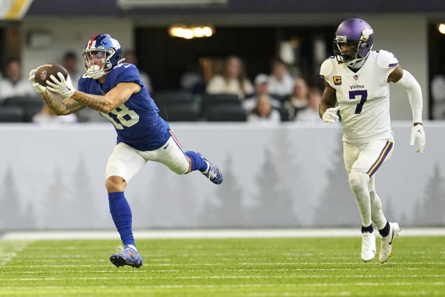 MINNEAPOLIS, MN - DECEMBER 24: New York Giants cornerback Cordale Flott (28)  celebrates an intercept