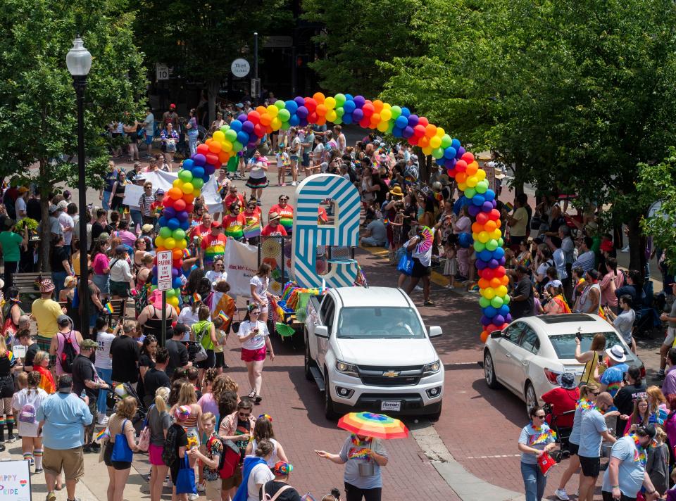 People fill Main Street during the 2023 River City Pride Parade and Festival in Evansville, Ind., Saturday, June 3, 2023.
