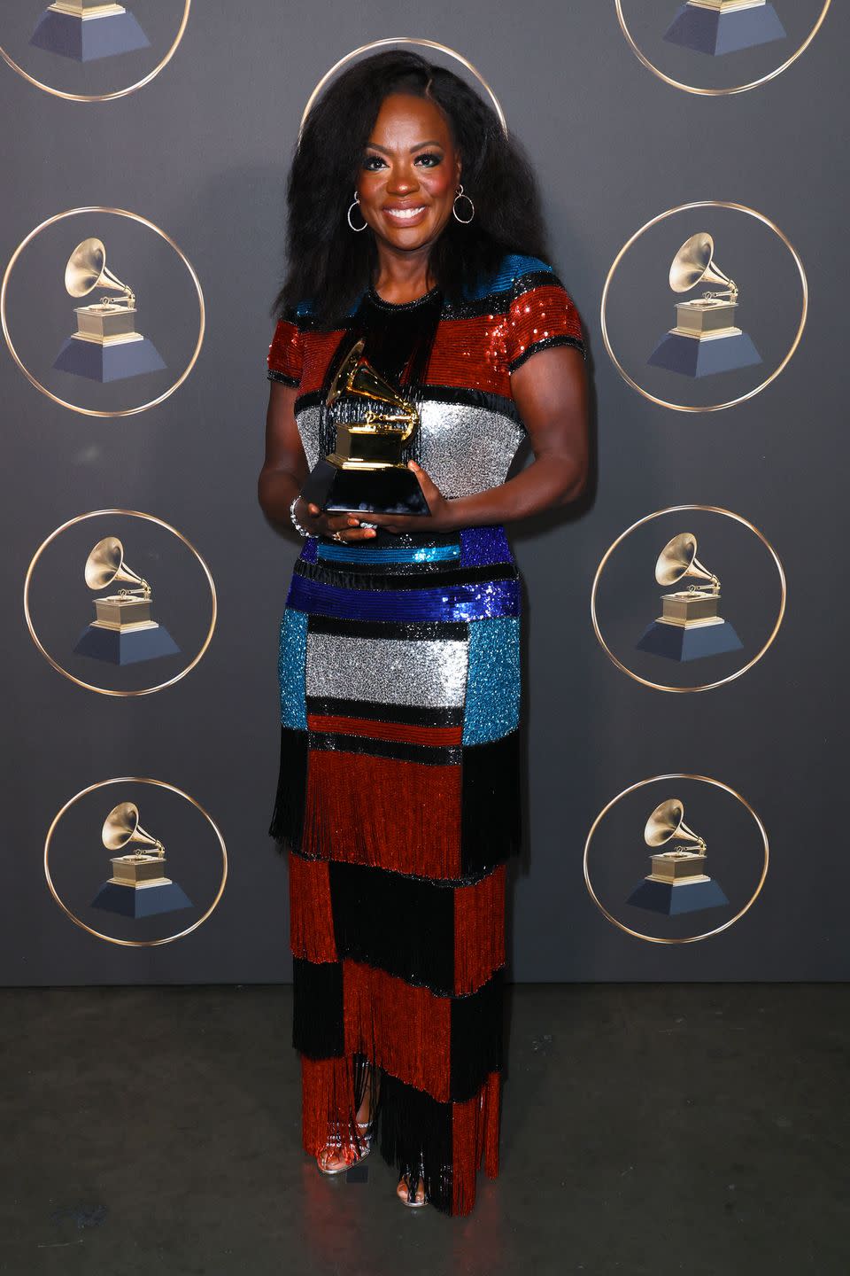 los angeles, california february 05 viola davis celebrates the best audio book, narration, and storytelling award for finding me during the 65th grammy awards premiere ceremony at microsoft theater on february 05, 2023 in los angeles, california photo by leon bennettgetty images for the recording academy