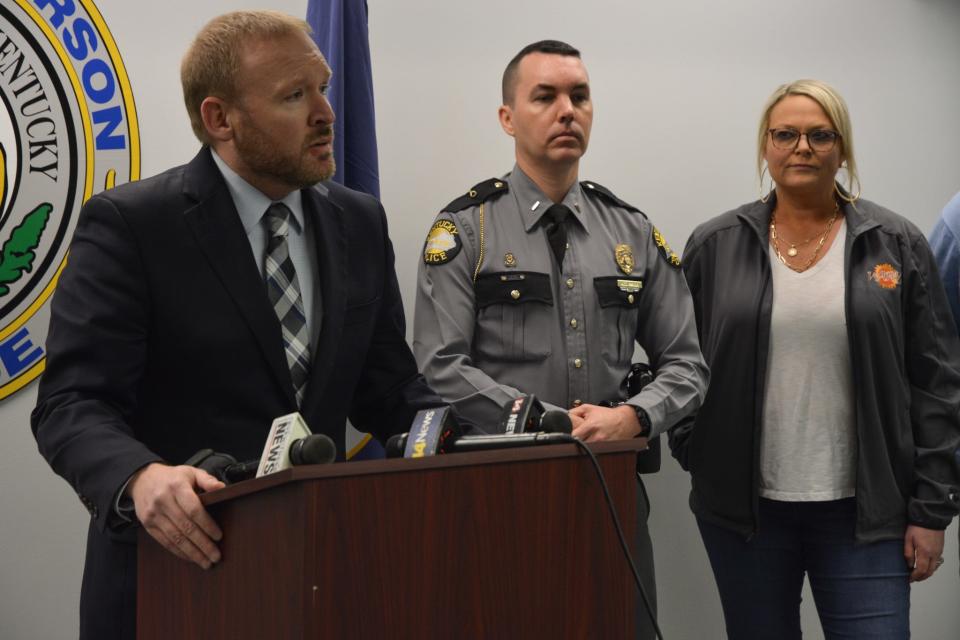 Henderson, Kentucky, Mayor Brad Staton speaking to the news media Friday, Jan. 13, 2023, about a spike in fentanyl overdoses that had shaken the town.