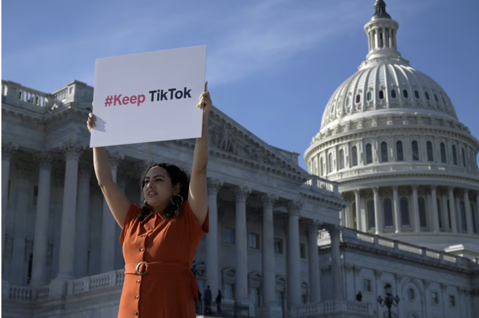 Giovanna Gonzalez, a TikTok supporter from Chicago, demonstrates outside the U.S. Capitol on Tuesday. (Craig Hudson/Reuters)