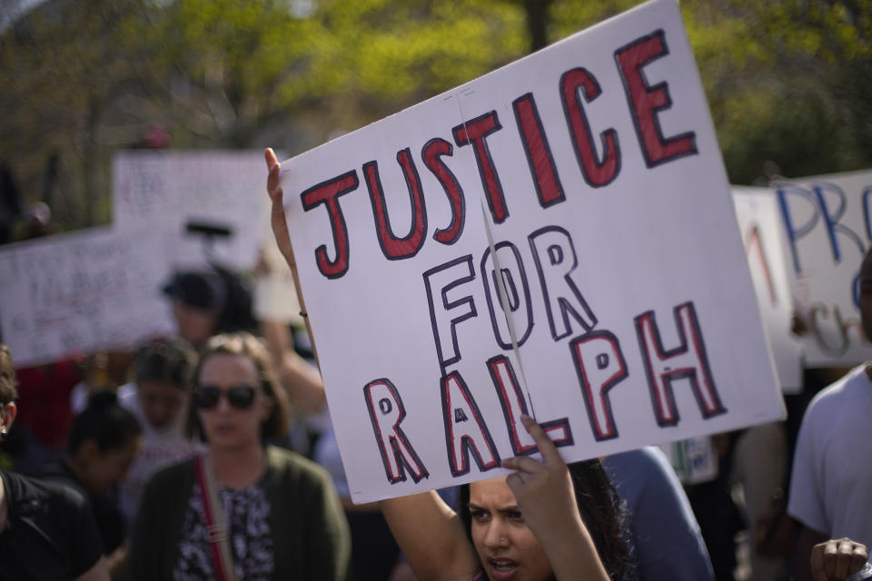 People gather at a rally to support Ralph Yarl, Tuesday, April 18, 2023, in Kansas City, Mo. Yarl, a Black teenager was shot last week by an 84-year-old white homeowner when he mistakenly went to the wrong address to pick up his younger brothers. (AP Photo/Charlie Riedel)