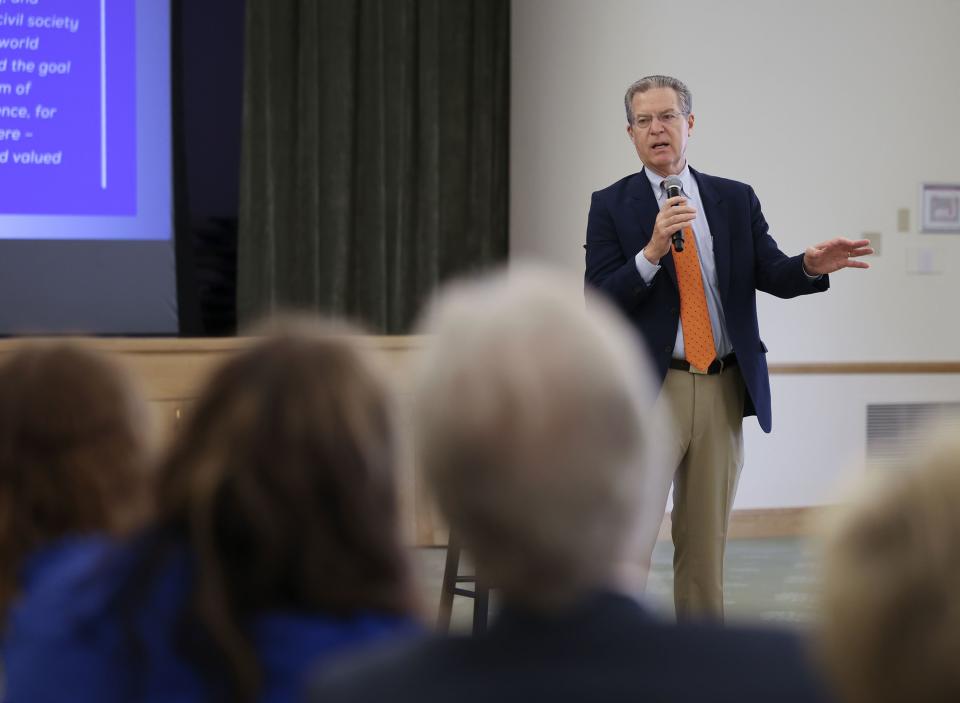 Sam Brownback, Ambassador-at-Large for International Religious Freedom, speaks at the International Religious Freedoms Summit at the Relief Society building located on Temple Square in Salt Lake City on Wednesday, Aug. 23, 2023. | Laura Seitz, Deseret News