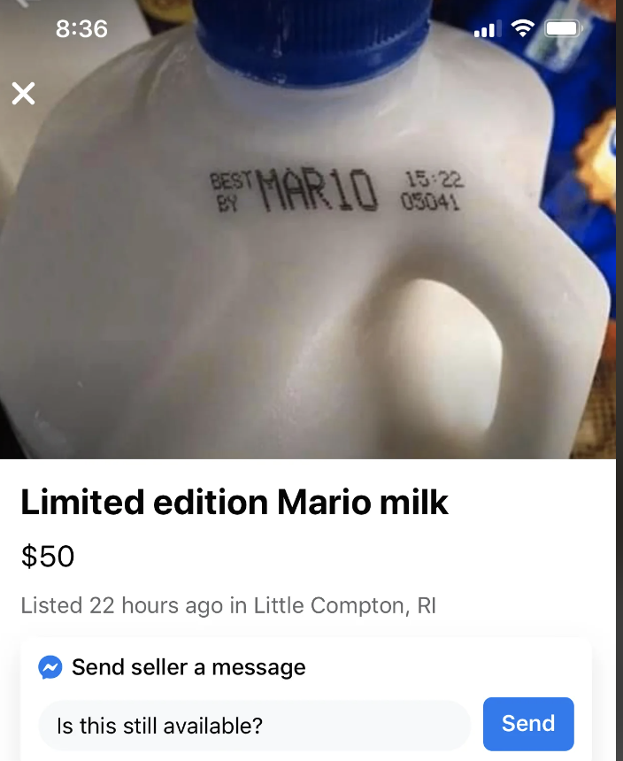 A milk jug with "BEST BY MAR10" printed on it. The listing headline reads "Limited edition Mario milk," priced at $50. Located in Little Compton, RI