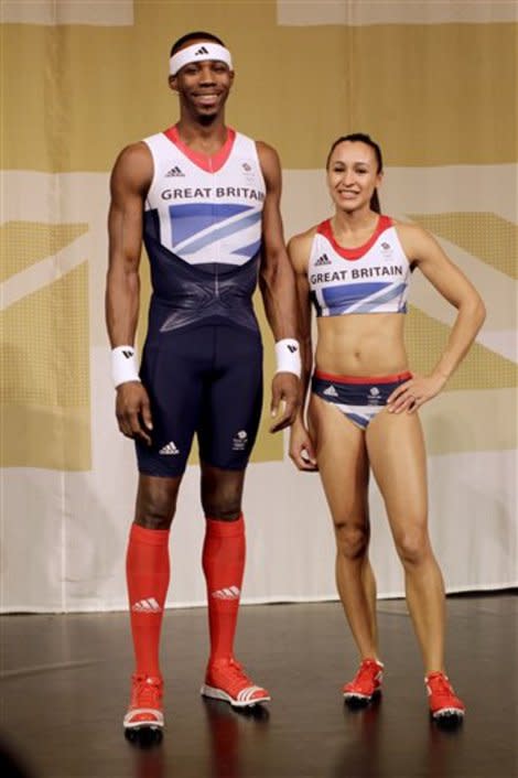 British triple jumper Phillips Idowu, left, and heptathlete Jessica Ennis pose wearing the new Olympic uniforms designed by Stella McCartney. (AP Photo/Matt Dunham)