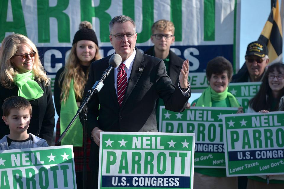 Del. Neil Parrott announces his second run for Congress from Maryland's Sixth District at Hagerstown City Park in November 2021.