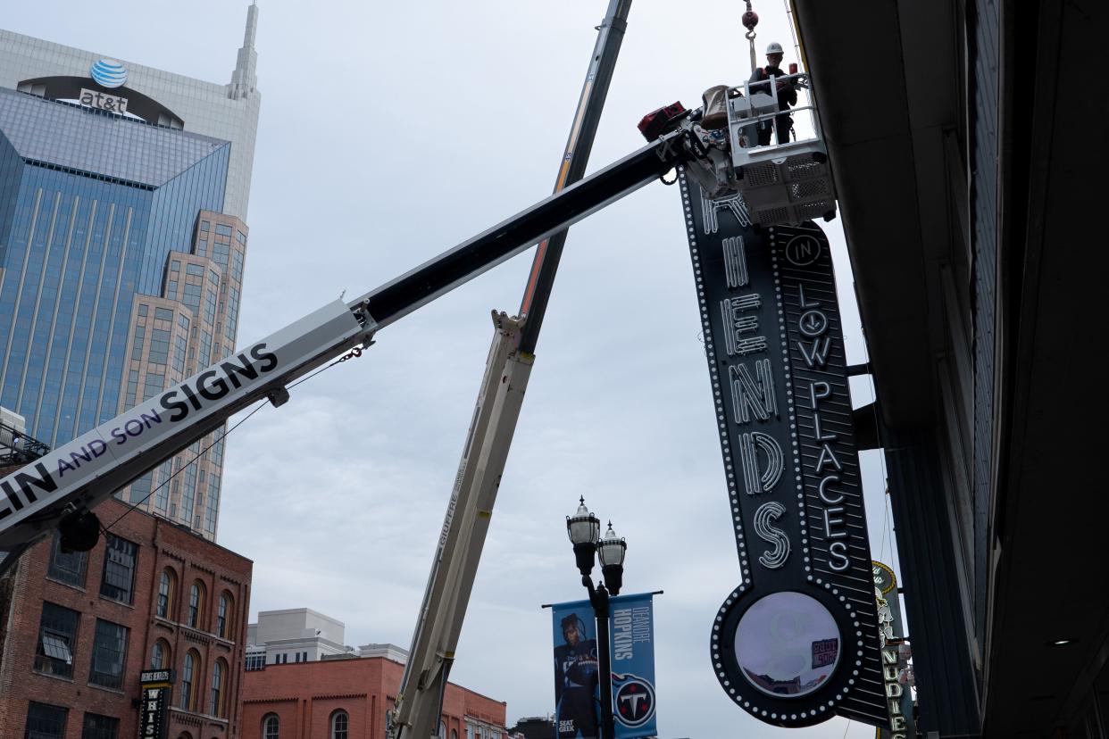 The marquee to Garth Brooks' new honky-tonk, Friends in Low Places, is erected in the 400 block of Lower Broadway in Nashville, Tenn., Monday, Nov. 20, 2023.