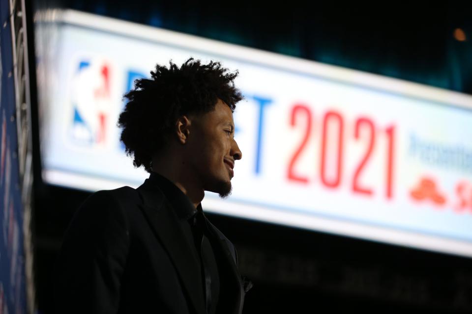 Jul 29, 2021; Brooklyn, New York, USA; Cade Cunningham (Oklahoma State) arrives on the red carpet before the 2021 NBA Draft at Barclays Center. Mandatory Credit: Brad Penner-USA TODAY Sports