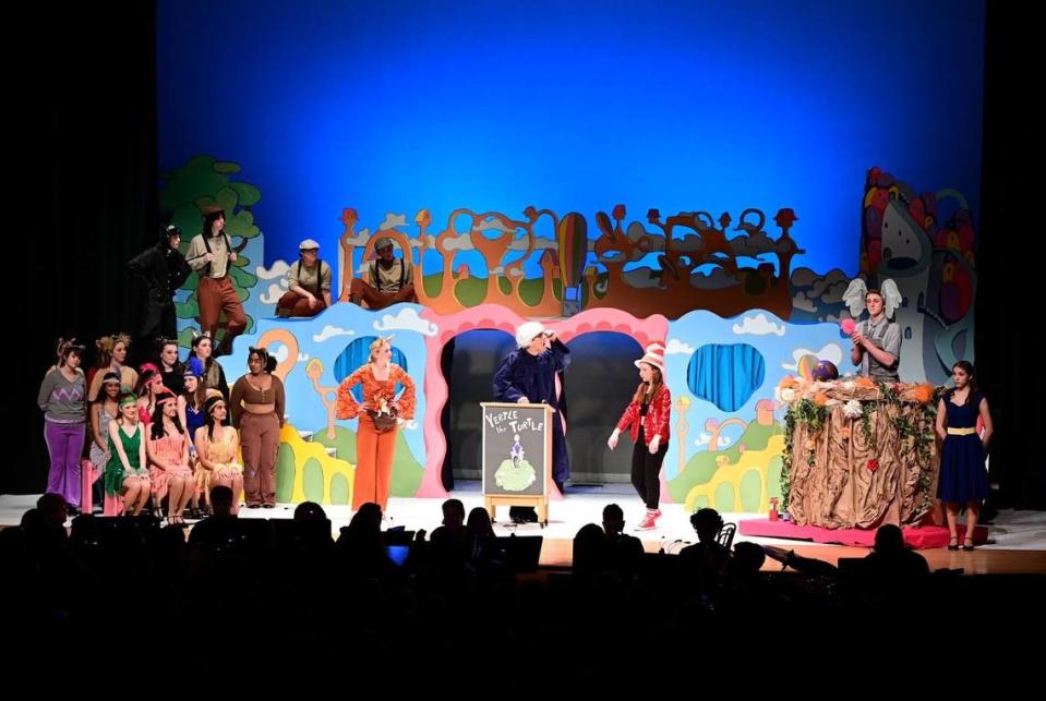 Josh Moraja, center, in blue shirt as Yertle the Turtle, in Weddington High’s spring musical “Seussical.” Courtesy Blumenthal Performing Arts
