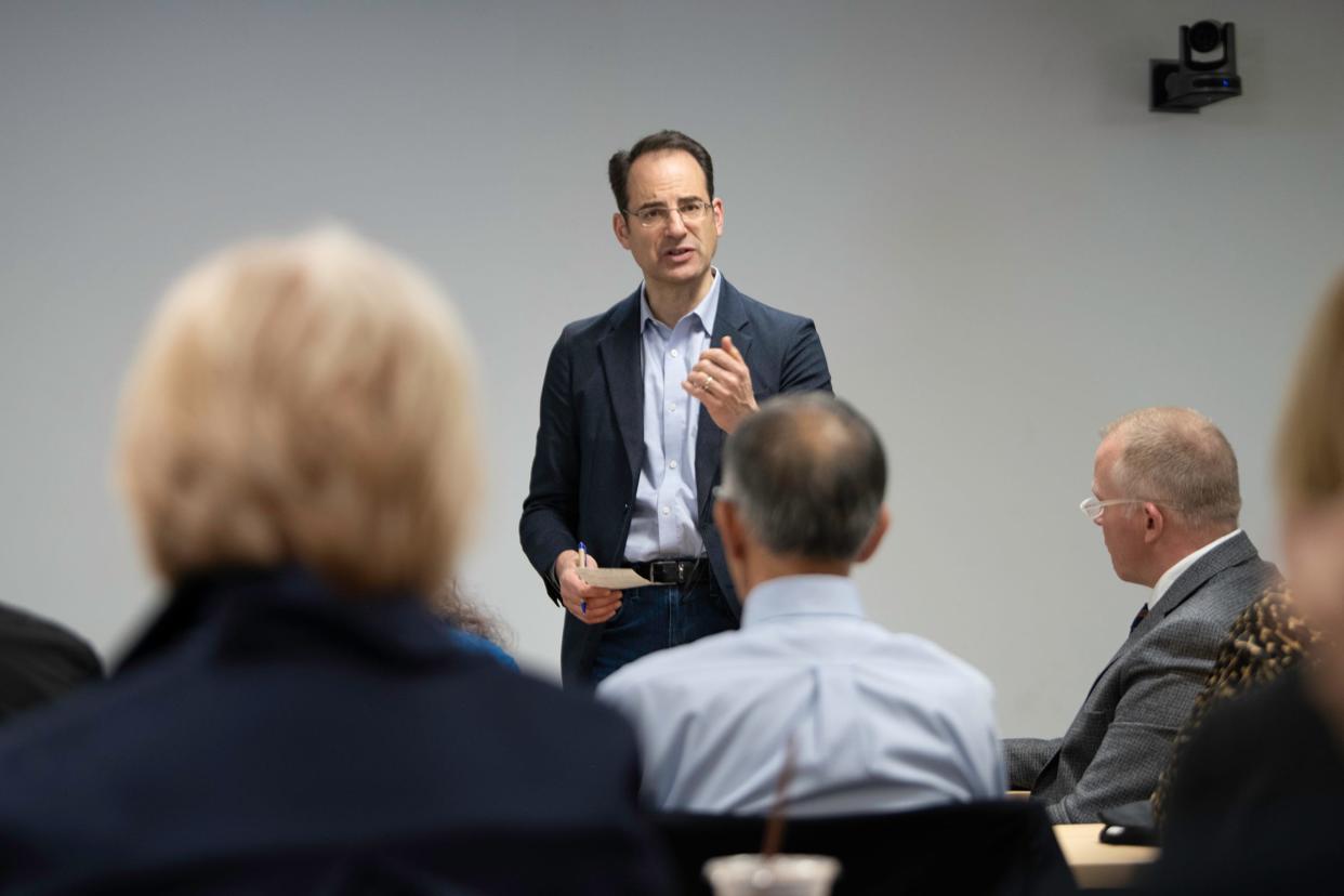 Colorado Attorney General Phil Weiser speaks during a forum discussing the proposed UCHealth and Parkview merger at the Rawlings Library on Wednesday.