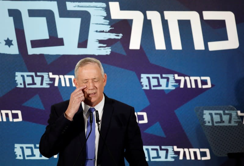 Benny Gantz, head of Blue and White party, delivers a statement in Tel Aviv