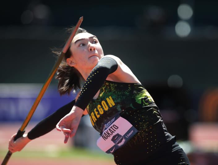 Oregon's Kahana Nakato wins the U20 women's javelin throw on her way to a championship on day one of the USA Track and Field Championships 2022 at Hayward Field in Eugene Thursday June 23, 2022.
