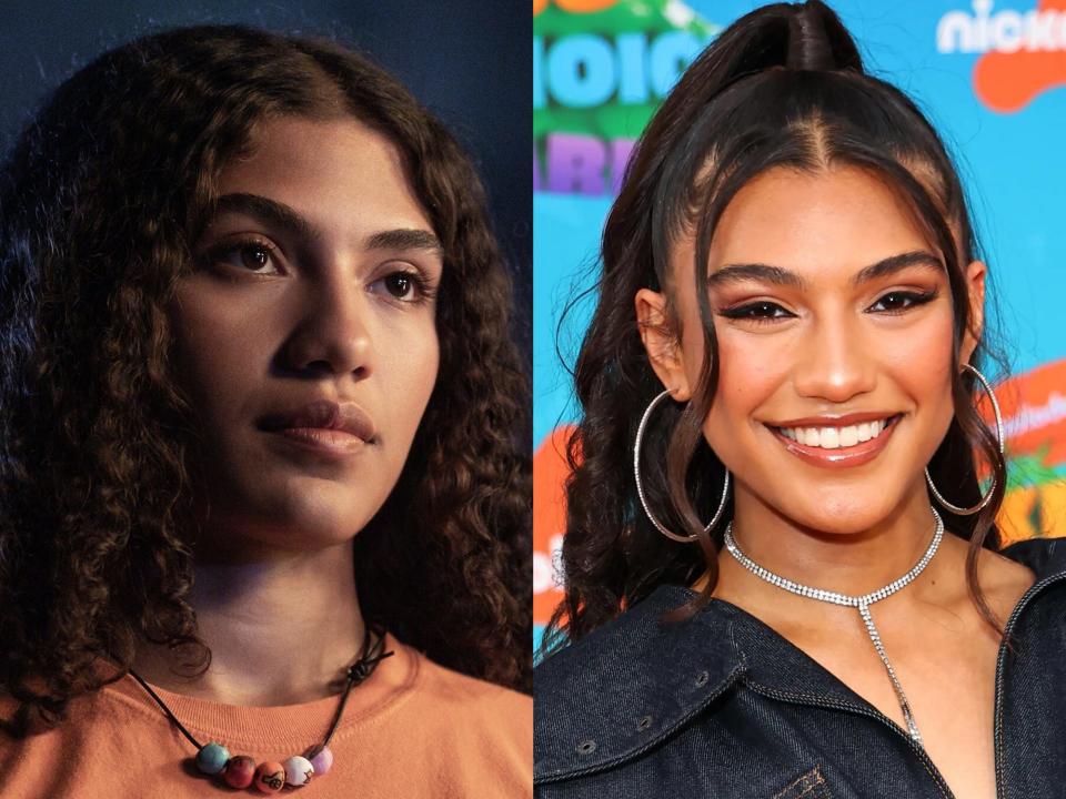 left: clarisse in percy jackson, a serious looking girl with an orange shirt; right: dior goodjohn with her hair in a high ponytail, smiling widely