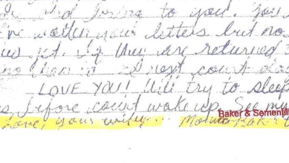 A letter from Monica Sementilli sent to Robert Baker in jail signed, 