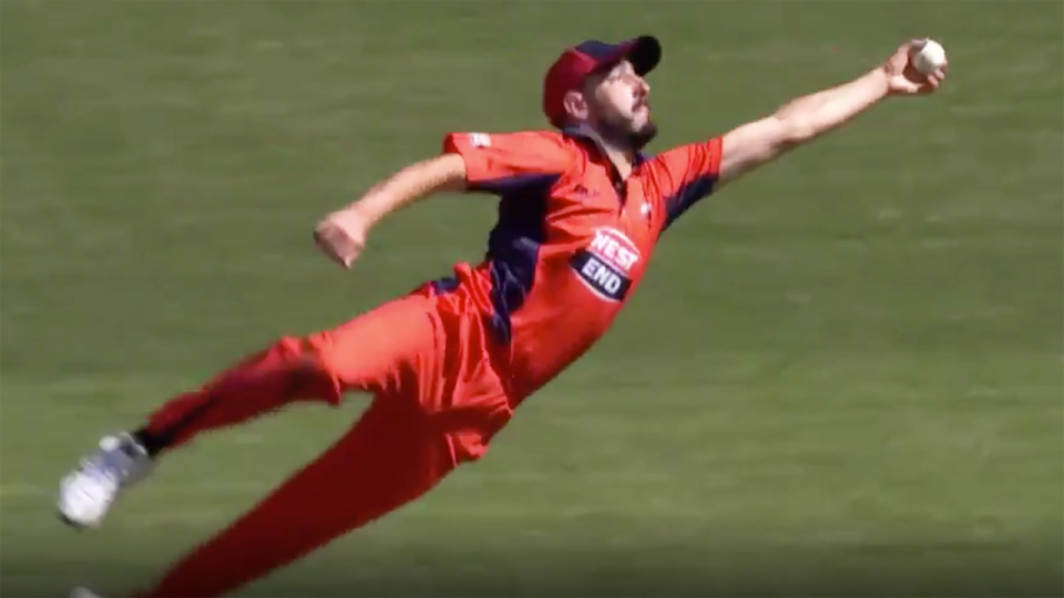 South Australia's Cameron Valente, pictured taking the catch that dismissed Victoria's Peter Handscombe.