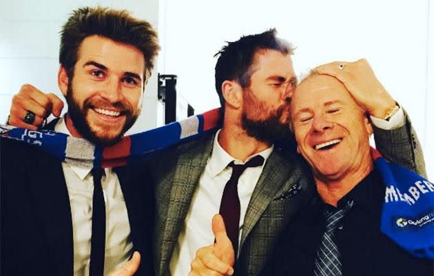 Chris Hemsworth, his brother Liam and their father Craig were all at the Western Bulldogs game. Photo: Instagram.