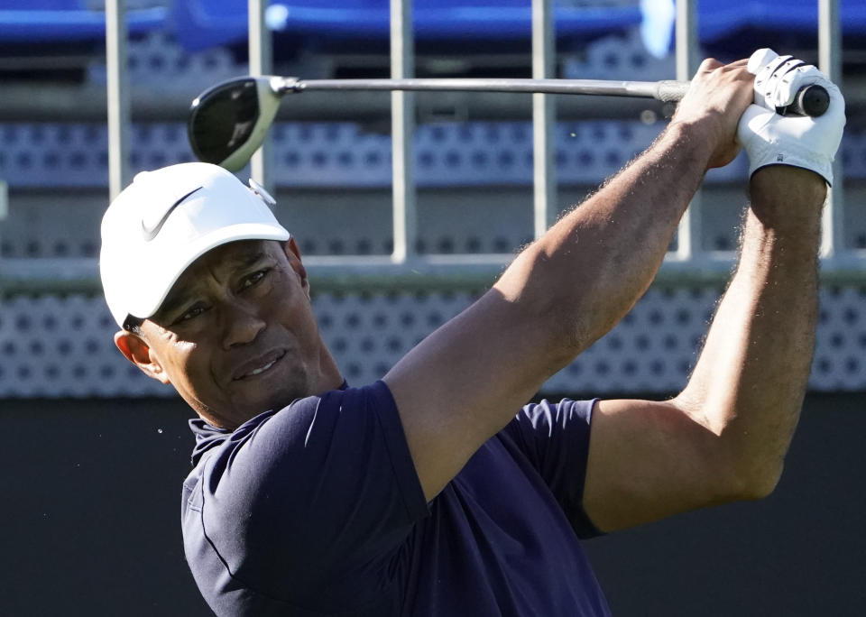 Tiger Woods of the United States watches his tee shot on the 10th hole during the pro-am event of he Zozo Championship PGA Tour at Accordia Golf Narashino C.C. in Inzai, east of Tokyo, Japan, Wednesday, Oct. 23, 2019. (AP Photo/Lee Jin-man)