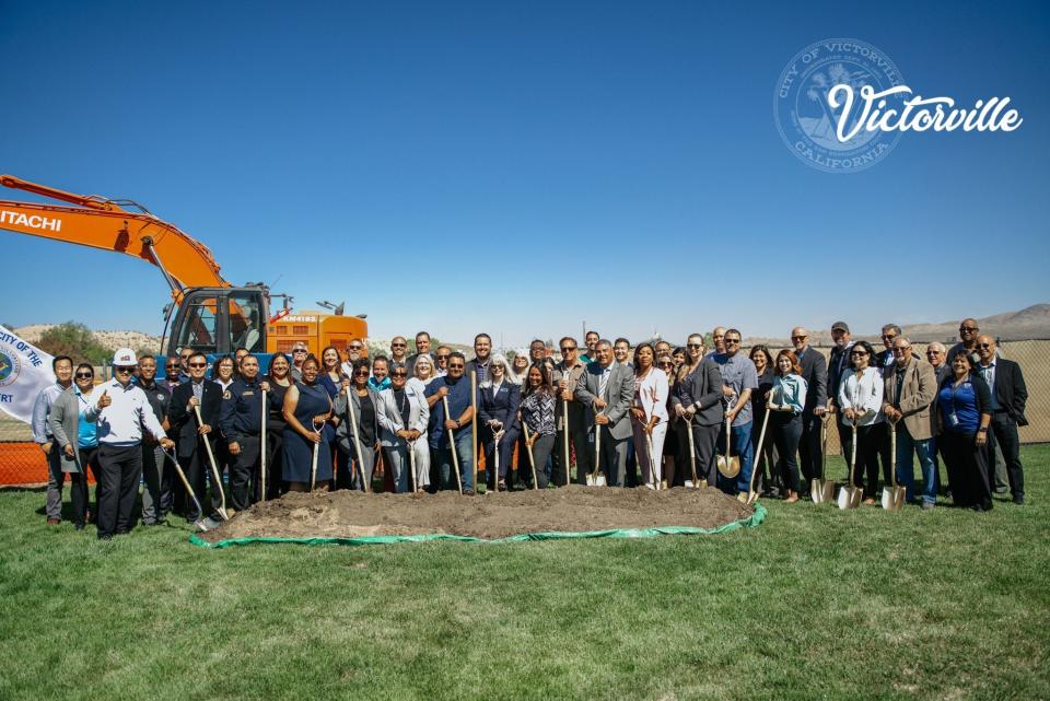 Attendees gather for the groundbreaking of the Victorville Wellness Center Campus, a 170-bed homeless shelter with supportive services, on April 20.