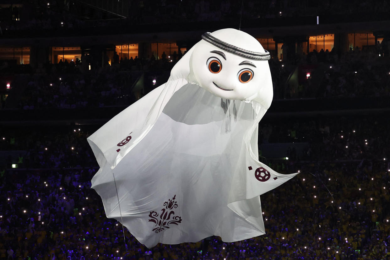 The mascot La'eeb during the opening ceremony of the Qatar 2022 World Cup (Karim Jaafar / AFP via Getty Images file)