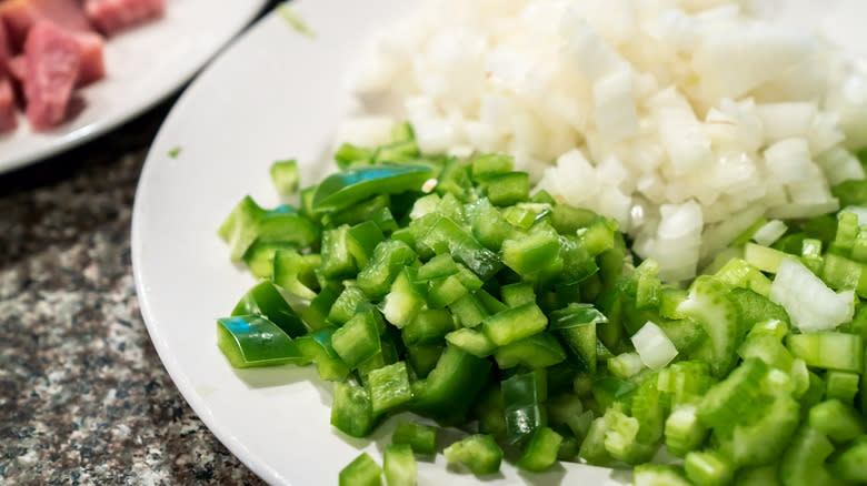 Cajun mirepoix with onion, celery, and bell pepper