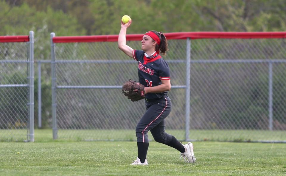 West Allegheny centerfielder Allie Gass throws the ball in to the infield during a game last season.