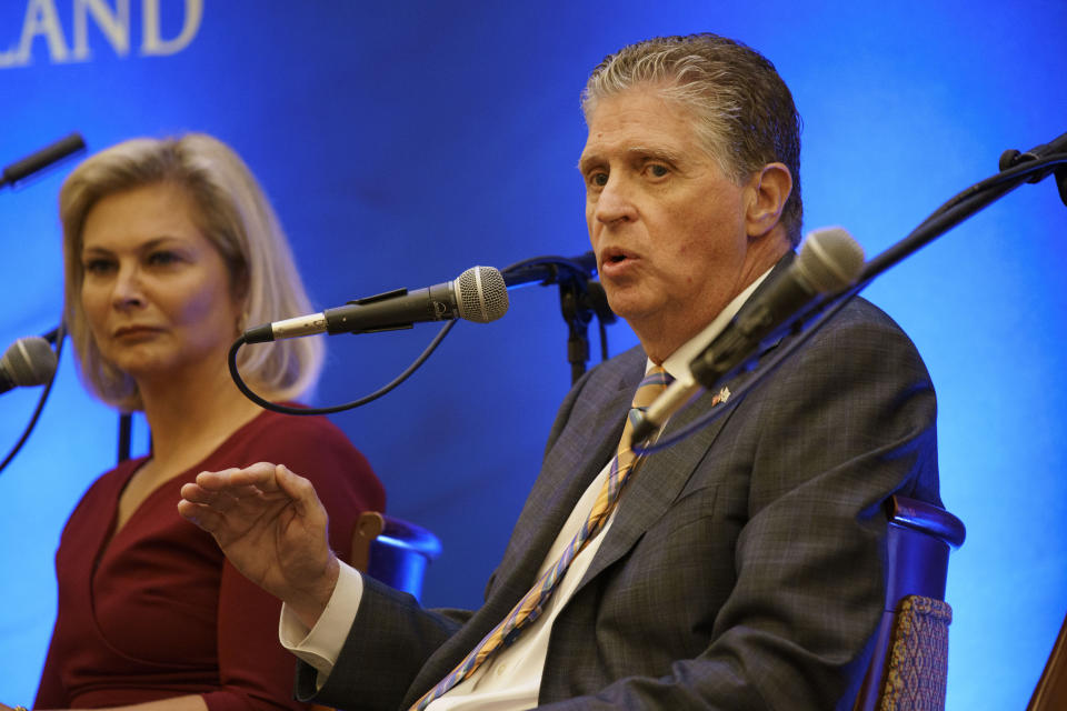 FILE - Rhode Island Gov. Dan McKee speaks during a gubernatorial election forum hosted by the Greater Providence Chamber of Commerce in Warwick, R.I., Sept. 8, 2022. Rhode Island will hold its primary on Tuesday, Sept. 13. (AP Photo/David Goldman, File)