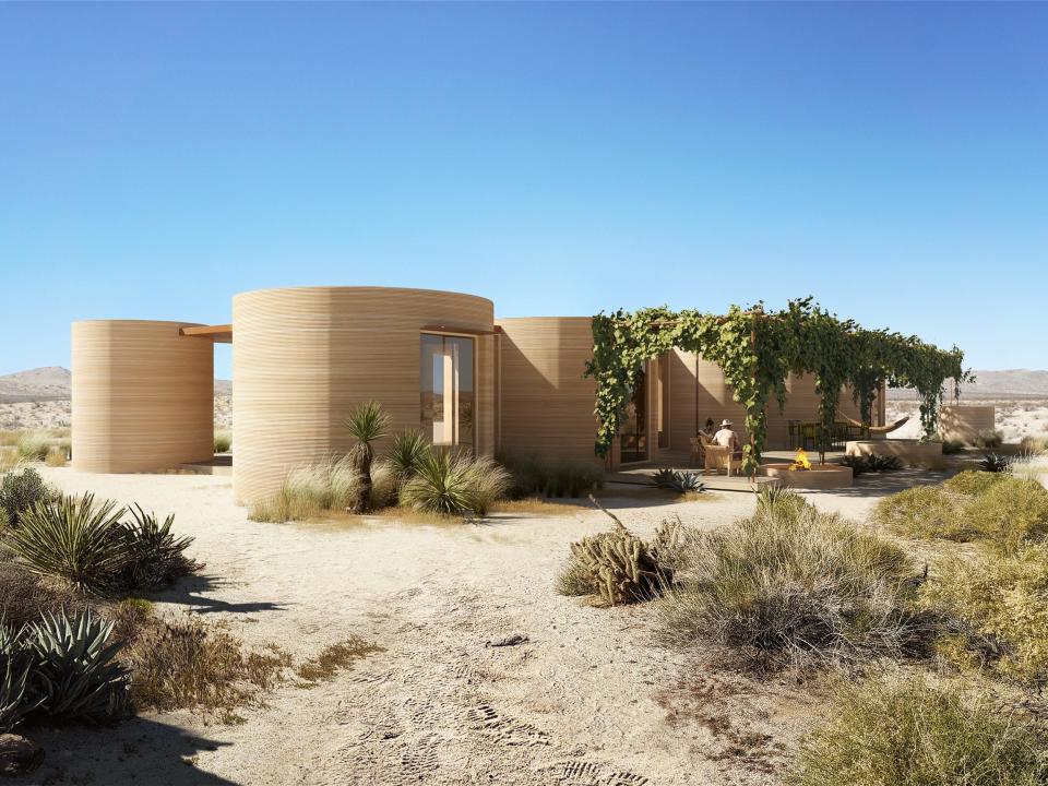 Renderings of the El Cosmico property shows a home, people lounging outside.