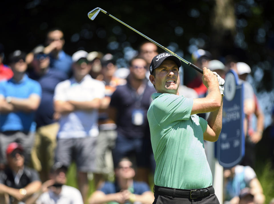 Webb Simpson of the United States watches his tee shot on the sixth hole during the second round of the Canadian Open golf tournament in Ancaster, Ontario, Friday, June 7, 2019. (Nathan Denette/The Canadian Press via AP)