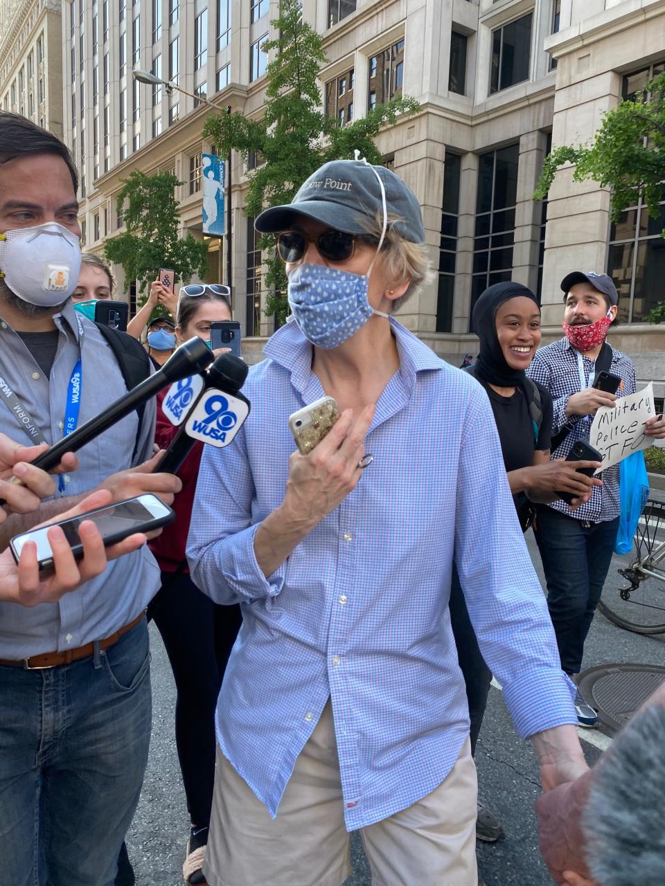 Sen. Elizabeth Warren, D-Mass. speaks to media as she walks with protesters in Washington, D.C. on June 2, 2020.