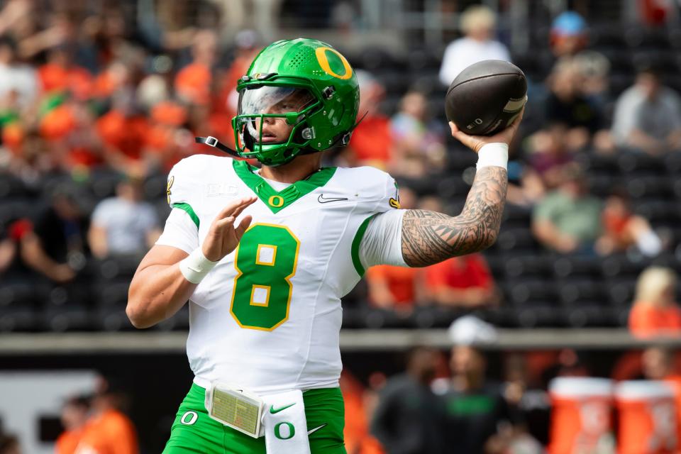 Oregon quarterback Dillon Gabriel throws out a pass during warm ups as the Oregon State Beavers host the Oregon Ducks Sept. 14 at Reser Stadium in Corvallis.