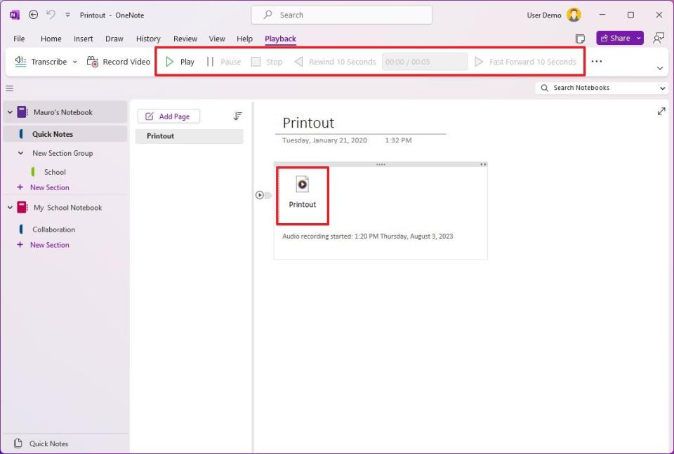 OneNote audio controls