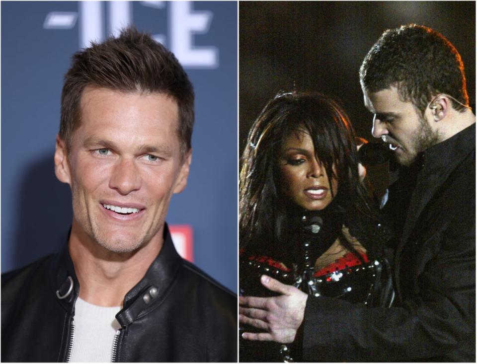 Tom Brady (left) and Janet Jackson and Justin Timberlake performing at the 2004 Super Bowl (right) (Getty Images)